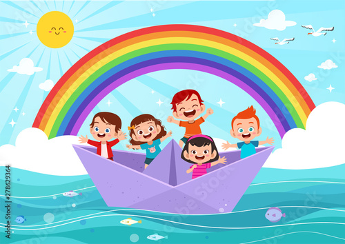 kids on the paper ship vector