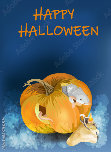 Vector image of a rat getting out of a pumpkin