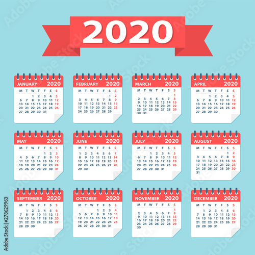2020 Calendar Leaves Flat Set - Vector Illustration