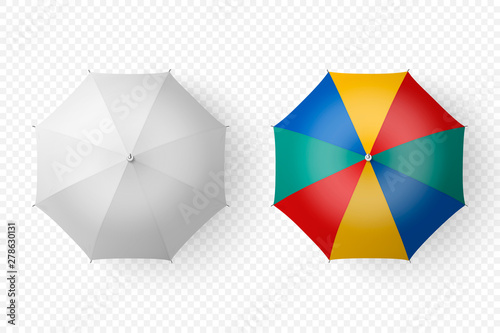 Vector 3d Realistic Render White and Color Blank Umbrella Icon Set Closeup Isolated on Transparent Background. Design Template of Opened Parasols for Mock-up, Branding, Advertise etc. Top View