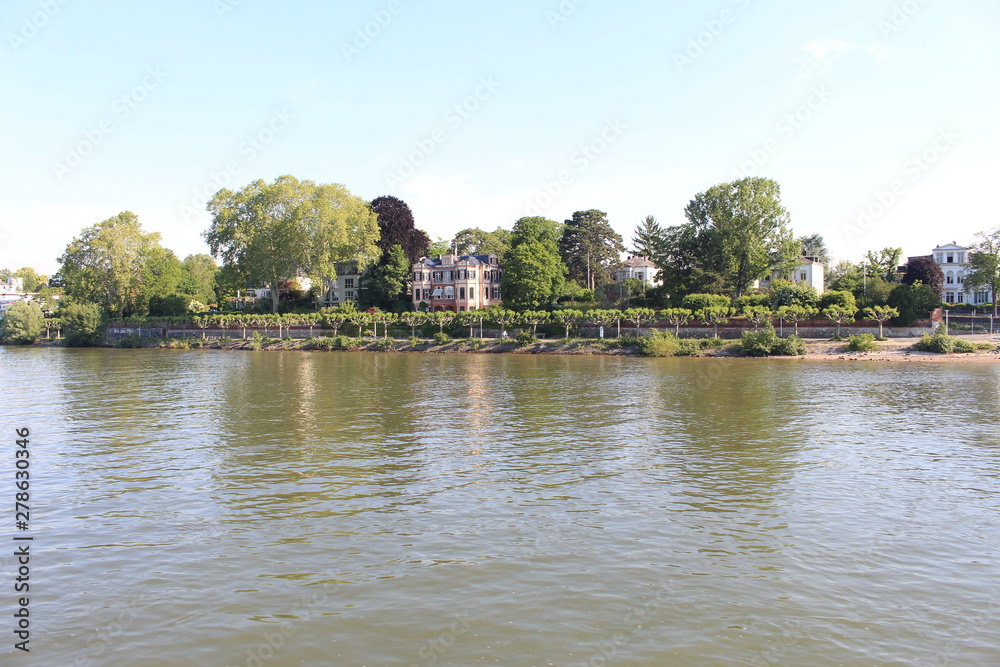 Houses on water on Rhine river in Wiesbaden