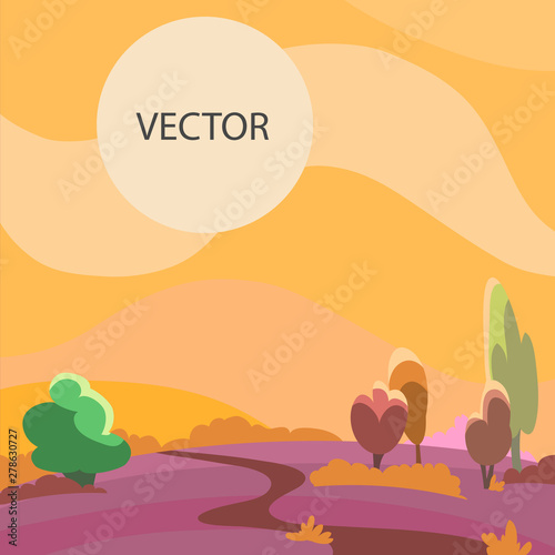 Summer landscape, vector illustration. The road is wavy, simple trees, yellow sky and sun. Pink glade