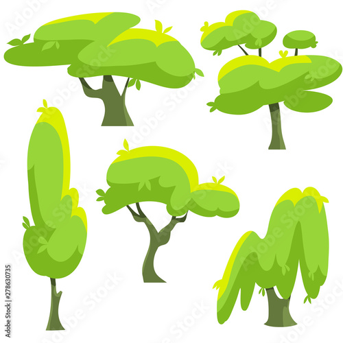 A set of different species of trees and shrubs in a flat style. Vector illustration deciduous and coniferous trees