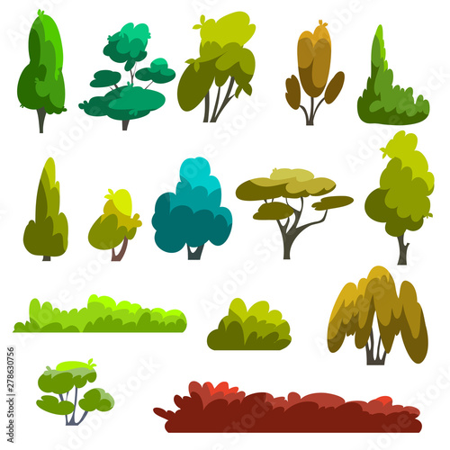 A set of different species of trees and shrubs in a flat style. Vector illustration deciduous and coniferous trees