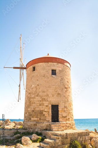 Rhodes Windmill in Mandraki Harbour, Rhodes, Greece
