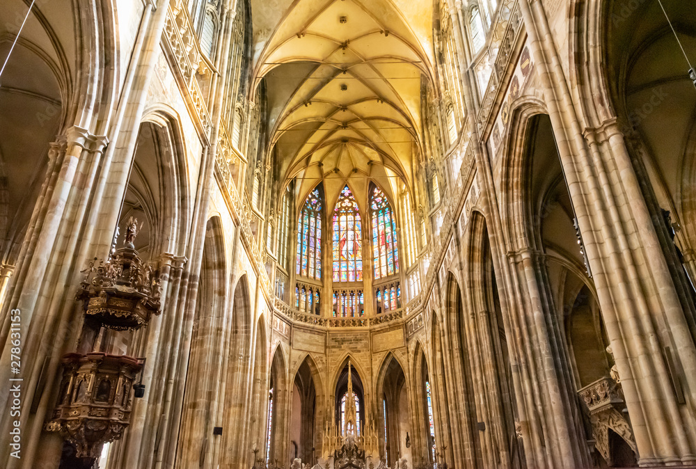 Perspective of interior of gothic cathedral in Europe