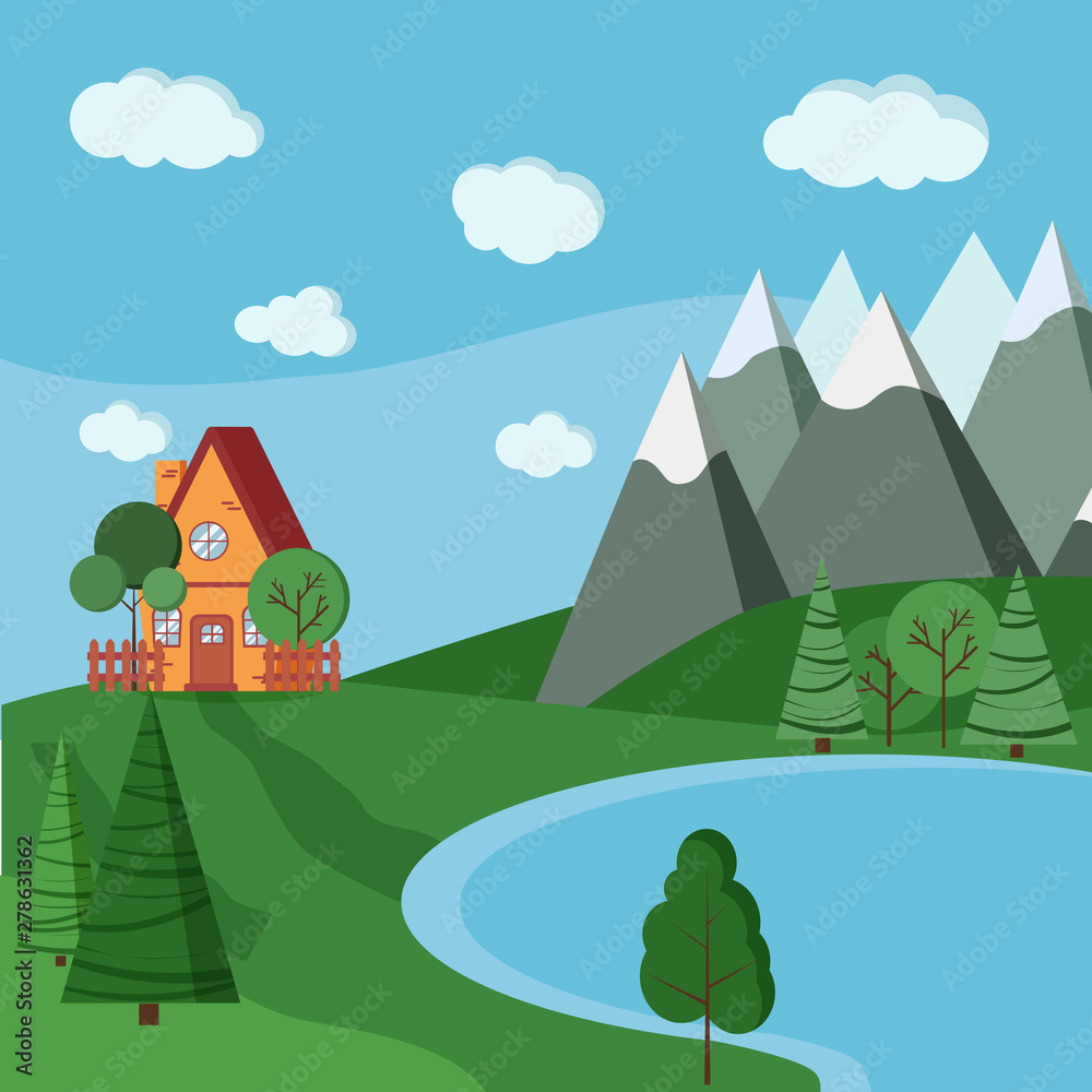 Naklejka premium Summer or spring lake landscape with cartoon country house with fences, green trees, spruce, clouds, road, mountains