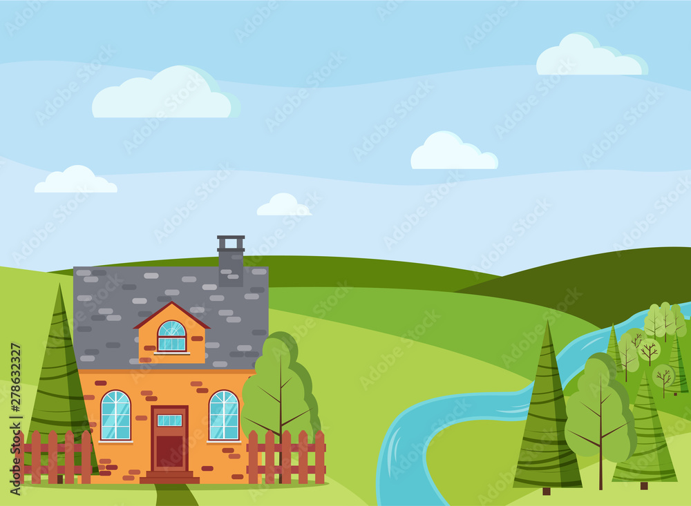 Spring or summer cartoon landscape scene with country brick farm house, green trees, spruces, river, fields, clouds