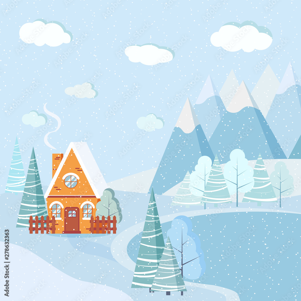 Beautiful Christmas winter lake landscape background with mountains, snow, trees, spruces, country cartoon house