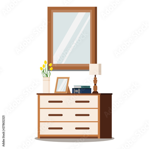 Classic wooden chest of drawers with mirror, lamp, vase with tulips, photo frame, books.