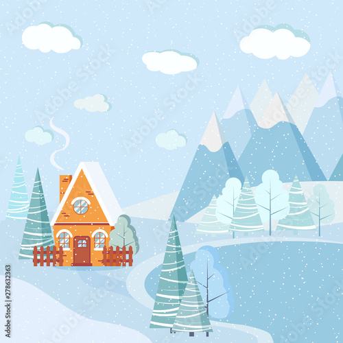 Beautiful Christmas winter lake landscape background with mountains, snow, trees, spruces, country cartoon house