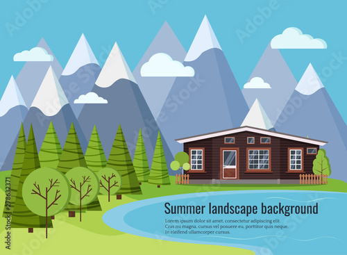 Summer or spring lake landscape scene with country rural farm house