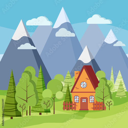 Spring or summer landscape with country house, green trees, spruces, fields, clouds, mountains