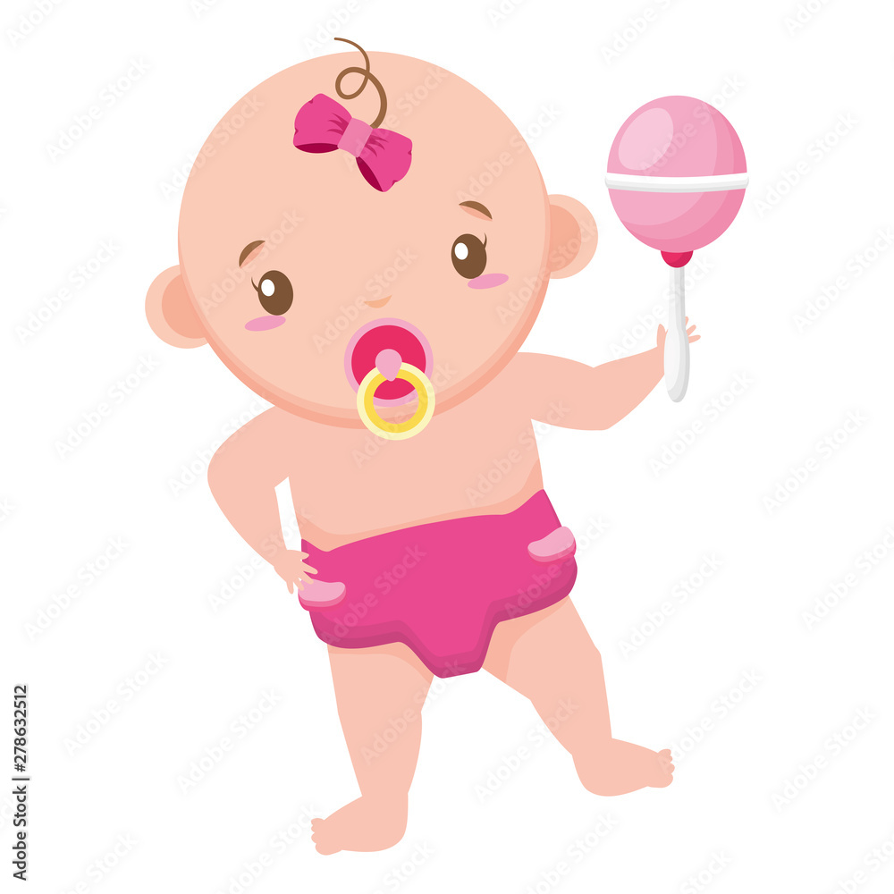cute girl in diaper with rattle baby shower cute girl in diaper with rattle baby shower