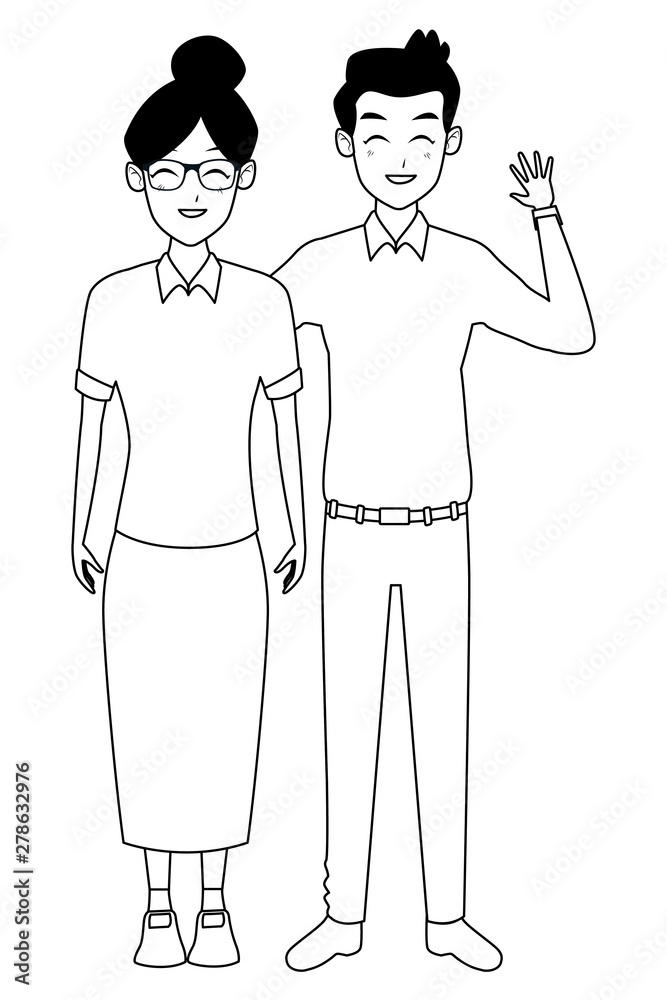 Family grandmother with adult son cartoon in black and white