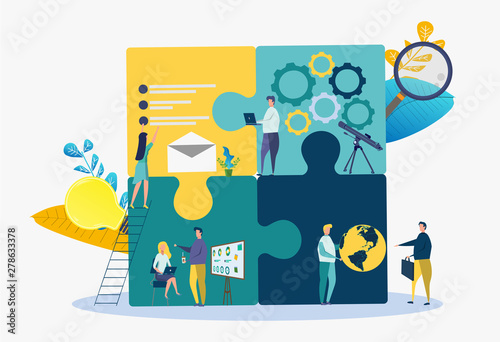 Business concept team metaphor. People connecting puzzle elements. colorful vector illustration. Businessmen build together a creative business team. Successful business project