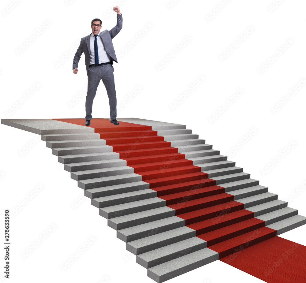 Young businessman climbing stairs and red carpet on white backgr Young businessman climbing stairs and red carpet on white backgr