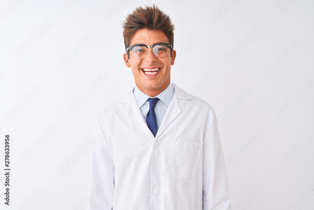 Young handsome sciencist man wearing glasses and coat over isolated white background with a happy and cool smile on face. Lucky person. Young handsome sciencist man wearing glasses and coat over isolated white background with a happy and cool smile on face. Lucky person.