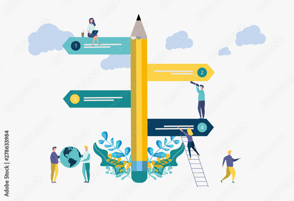 Pointer direction of movement in pencil in different directions of movement, destinations, the choice of directions, a trip to different places.Direction of movement in business.Colorful illustration