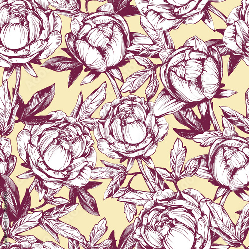 Illustration of graphic flowers and leaves. Handmade. Seamless pattern for wallpaper and fabric design.