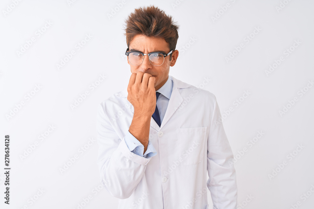 Young handsome sciencist man wearing glasses and coat over isolated white background looking stressed and nervous with hands on mouth biting nails. Anxiety problem. Young handsome sciencist man wearing glasses and coat over isolated white background looking stressed and nervous with hands on mouth biting nails. Anxiety problem.