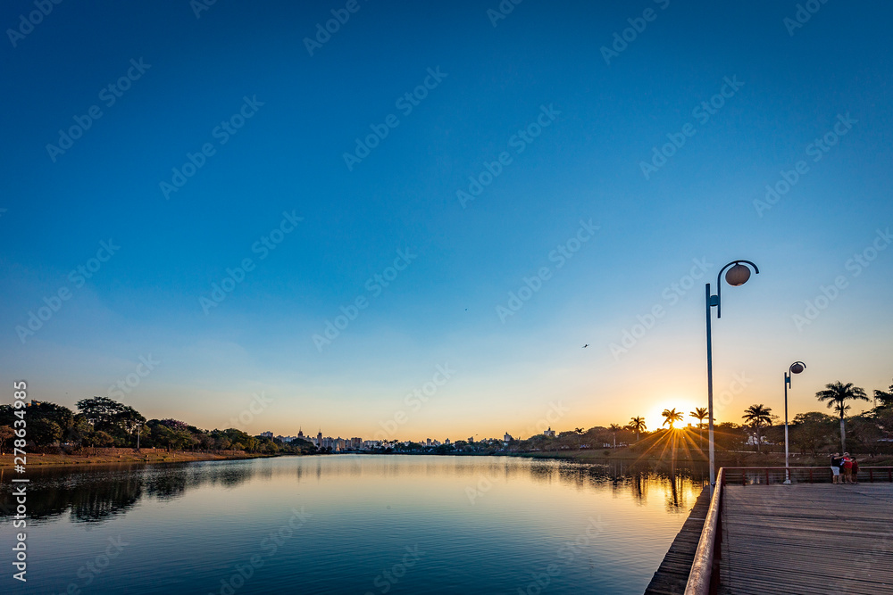 Sao Jose do Rio Preto City. View of lake park at sunset