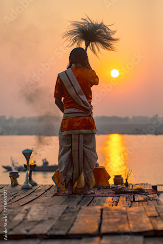 Puja on the banks of the Ganges, India. The city of Varanasi. November 2016