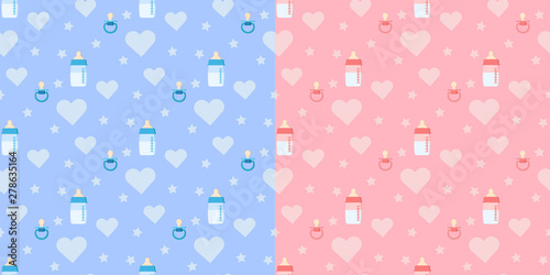Wallpaper Mural Set of cute vector seamless pattern with baby bottle, pacifier, heart placed horizontally Torontodigital.ca