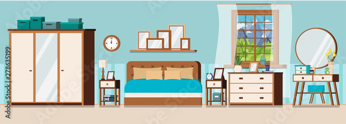 Cozy bedroom interior background with furniture and window