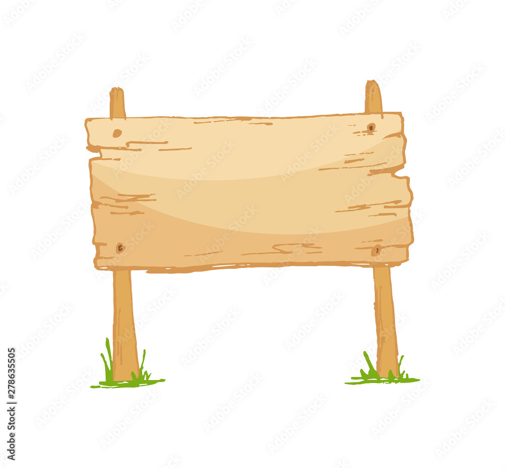 Old wooden blank cartoon sign board with grass isolated on white. Board arrow object and wooden plank billboard illustration.
