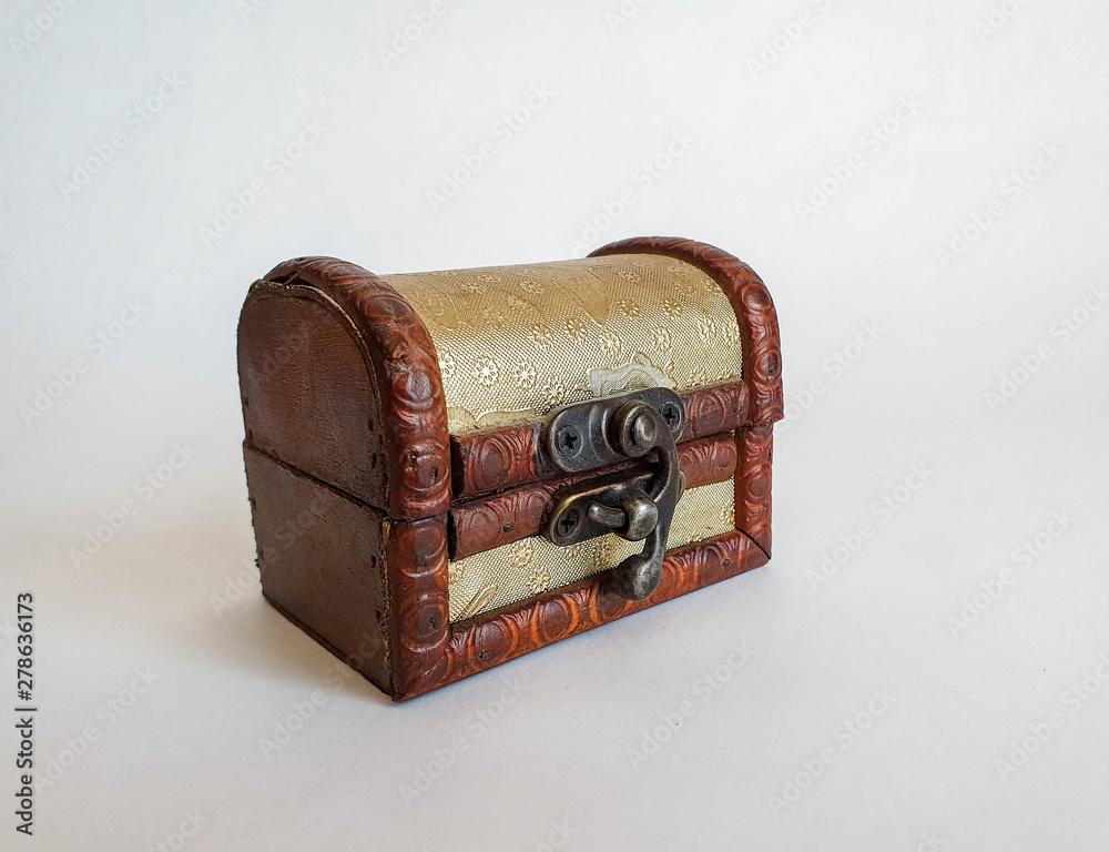 Wooden golden old fashion small chest box, treasure box on the white natural background, not isolated. Wooden golden old fashion small chest box, treasure box on the white natural background, not isolated.