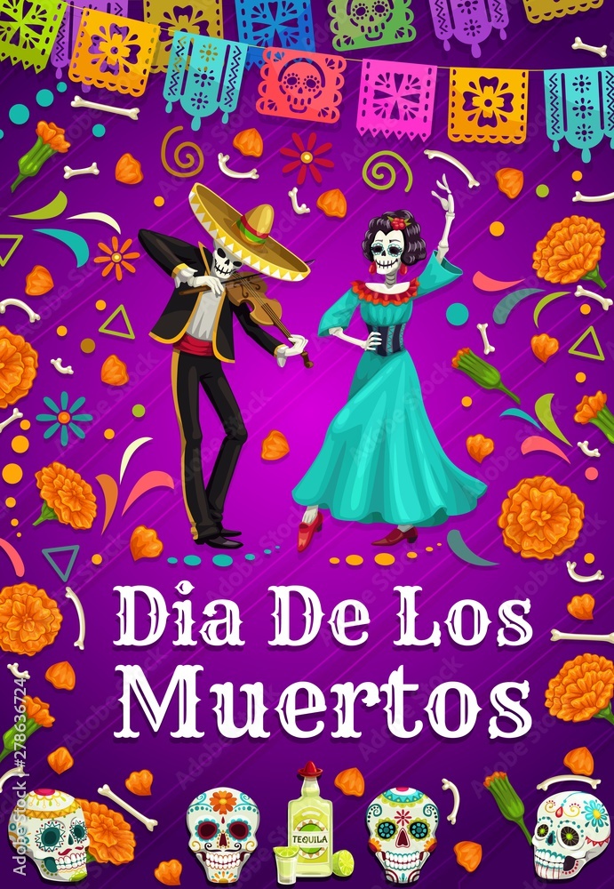Day of Dead in Mexico, dancing woman man skeletons Day of Dead in Mexico, dancing woman man skeletons