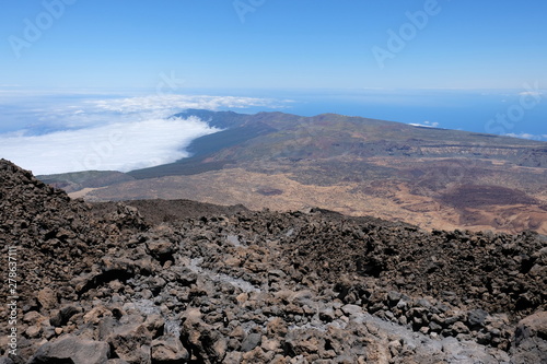 Sea views from mountain top volcanic landscape