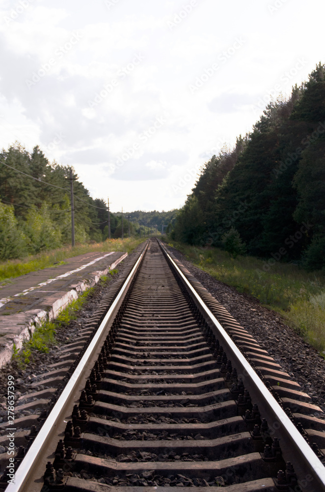 Train departing into the distance on a background of green trees. Railway tracks in the forest. Train departing into the distance on a background of green trees. Railway tracks in the forest.