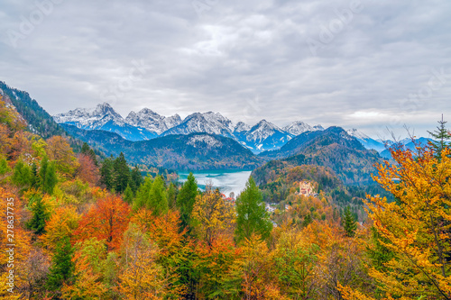 Alpsee lake and Hohenschwangau Castle as viewed from the Neuschwanstein Castle.Bavaria.Germany