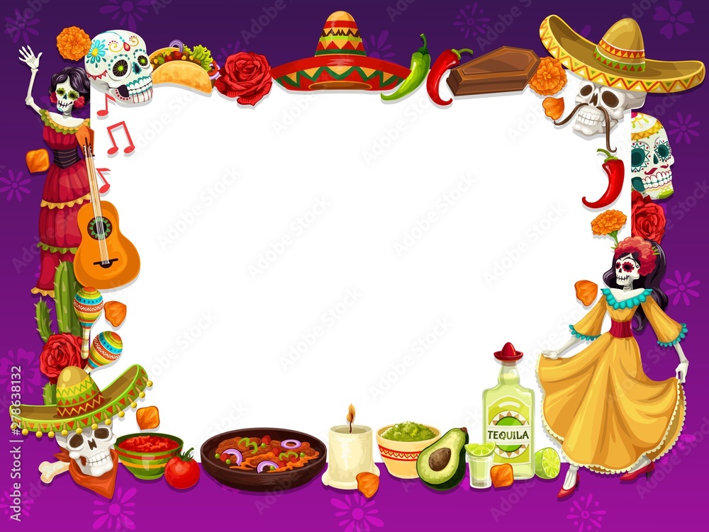 Day of Death holiday in Mexico, frame of symbols Day of Death holiday in Mexico, frame of symbols