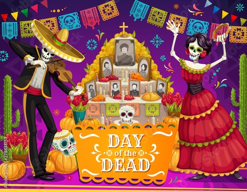Mexican Day of Dead skeletons, altar, sugar skulls