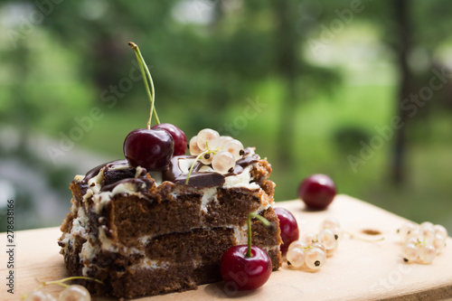 Chocolate cake with cherry on a beautiful bokeh background, with berries and flowers on a summer picnic