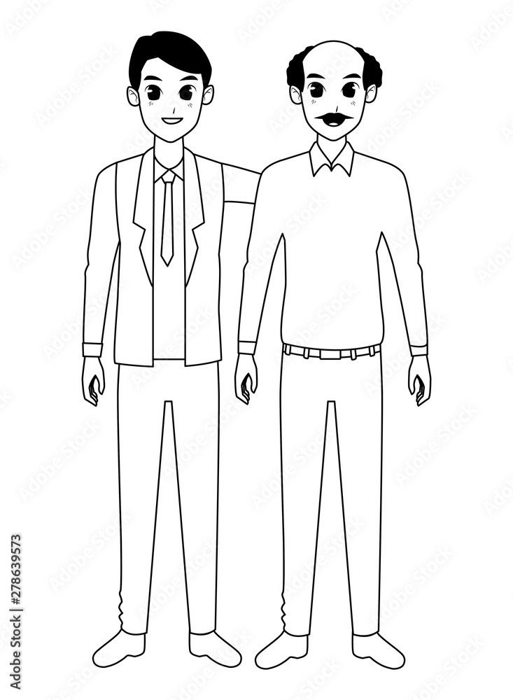 Family father with adult son cartoon in black and white Stock Vector |  Adobe Stock