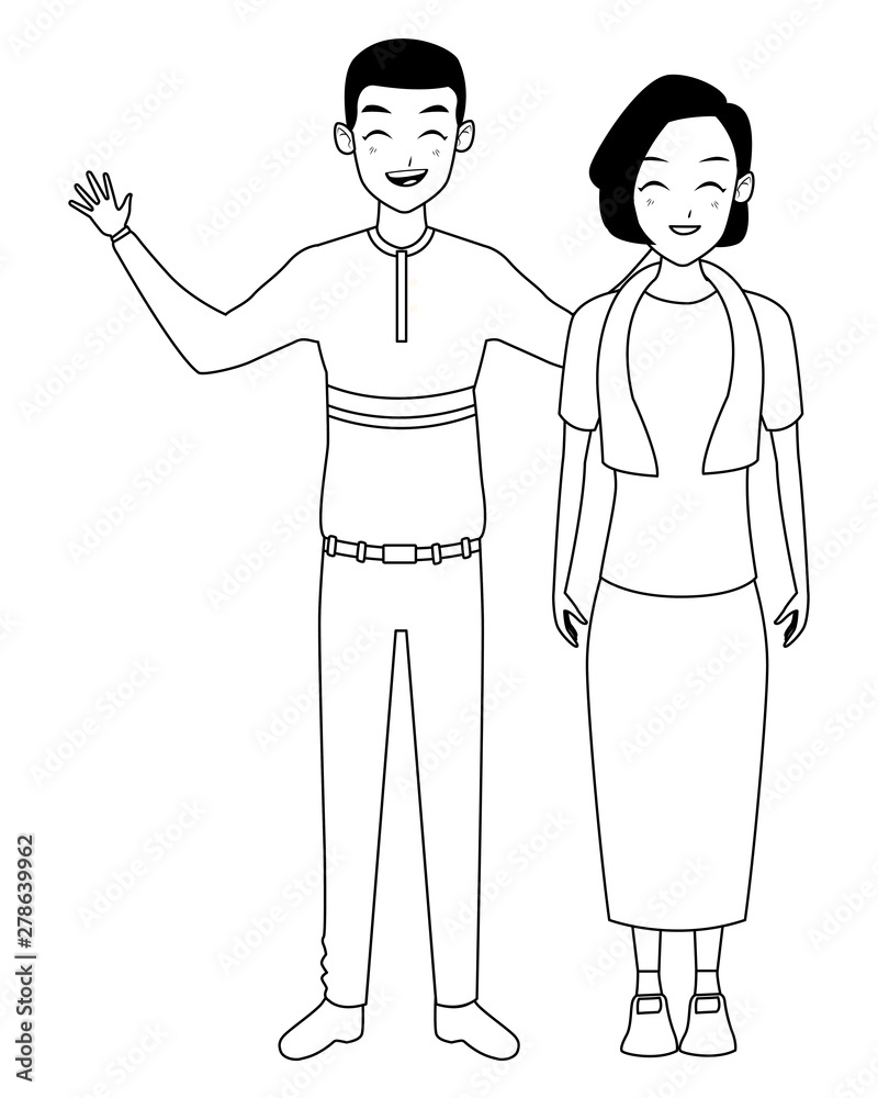 Family grandmother with adult son cartoon in black and white Family grandmother with adult son cartoon in black and white