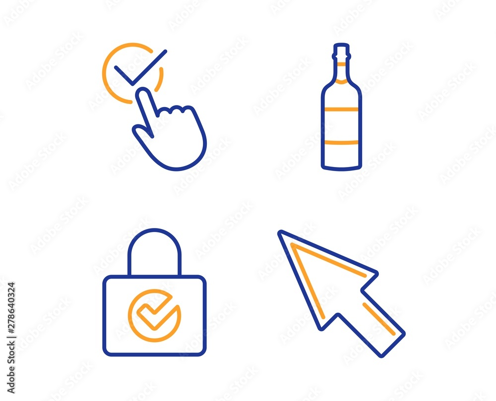 Password encryption, Checkbox and Brandy bottle icons simple set. Mouse cursor sign. Protection locker, Approved, Whiskey. Click arrow. Business set. Linear password encryption icon. Vector Password encryption, Checkbox and Brandy bottle icons simple set. Mouse cursor sign. Protection locker, Approved, Whiskey. Click arrow. Business set. Linear password encryption icon. Vector