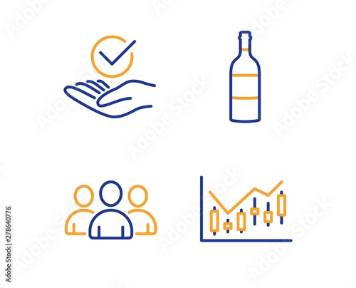 Group, Wine bottle and Approved icons simple set. Financial diagram sign. Group of users, Cabernet sauvignon, Verified symbol. Candlestick chart. Business set. Linear group icon. Colorful design set