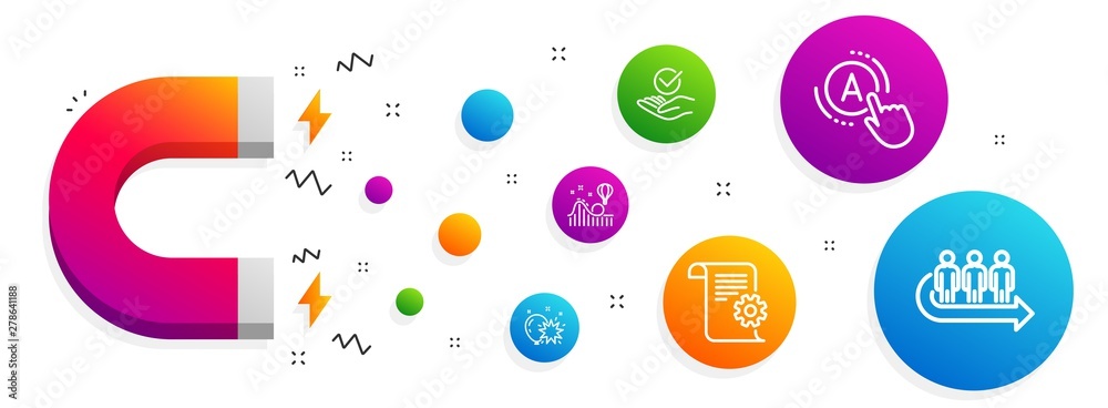 Magnet attracting. Roller coaster, Ab testing and Balloon dart icons simple set. Approved, Technical documentation and Queue signs. Attraction park, A test. Business set. Vector Magnet attracting. Roller coaster, Ab testing and Balloon dart icons simple set. Approved, Technical documentation and Queue signs. Attraction park, A test. Business set. Vector