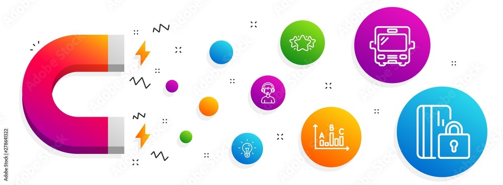Magnet attracting. Star, Bus and Idea icons simple set. Consultant, Survey results and Blocked card signs. Favorite, Tourism transport. Business set. Line star icon. Editable stroke. Vector Magnet attracting. Star, Bus and Idea icons simple set. Consultant, Survey results and Blocked card signs. Favorite, Tourism transport. Business set. Line star icon. Editable stroke. Vector