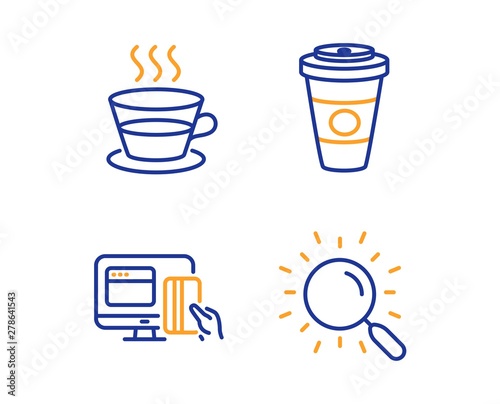 Online payment  Takeaway coffee and Coffee cup icons simple set. Search sign. Money  Hot latte drink  Tea mug. Find document. Business set. Linear online payment icon. Colorful design set. Vector