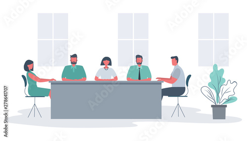 Office workers during the meeting. Employees are sitting at the table on a window background. There is also a flower in the image. Conference hall. Funky flat style. Vector illustration