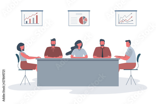 Office workers during the meeting. Employees are sitting at the table in the office. There are also diagrams on the wall. Conference hall. Funky flat style. Vector illustration