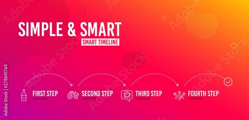 Infographic timeline. Scotch bottle, Coffee and Tractor icons simple set. Correct answer sign. Brandy alcohol, Cafe, Farm transport. Speed symbol. Business set. 4 steps layout. Vector