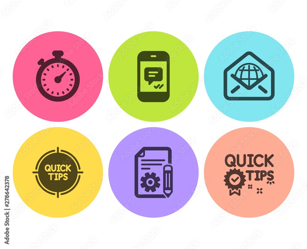 Message, Timer and Web mail icons simple set. Tips, Documentation and Quick tips signs. Phone messenger, Stopwatch gadget. Technology set. Flat message icon. Circle button. Vector Message, Timer and Web mail icons simple set. Tips, Documentation and Quick tips signs. Phone messenger, Stopwatch gadget. Technology set. Flat message icon. Circle button. Vector