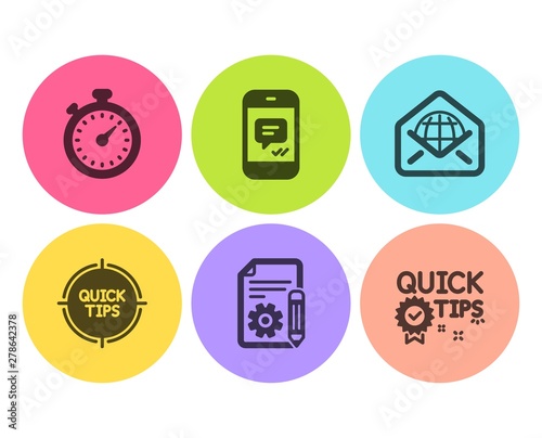 Message, Timer and Web mail icons simple set. Tips, Documentation and Quick tips signs. Phone messenger, Stopwatch gadget. Technology set. Flat message icon. Circle button. Vector